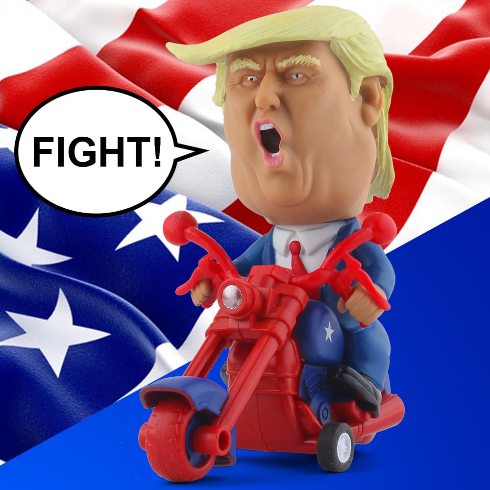 DINOBROS friction-powered Trump toy revs up for desk display.