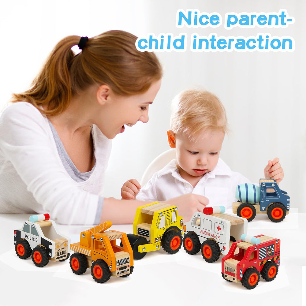 DIPALENT wooden cars set showcases six vehicles for diverse, educational pretend play.