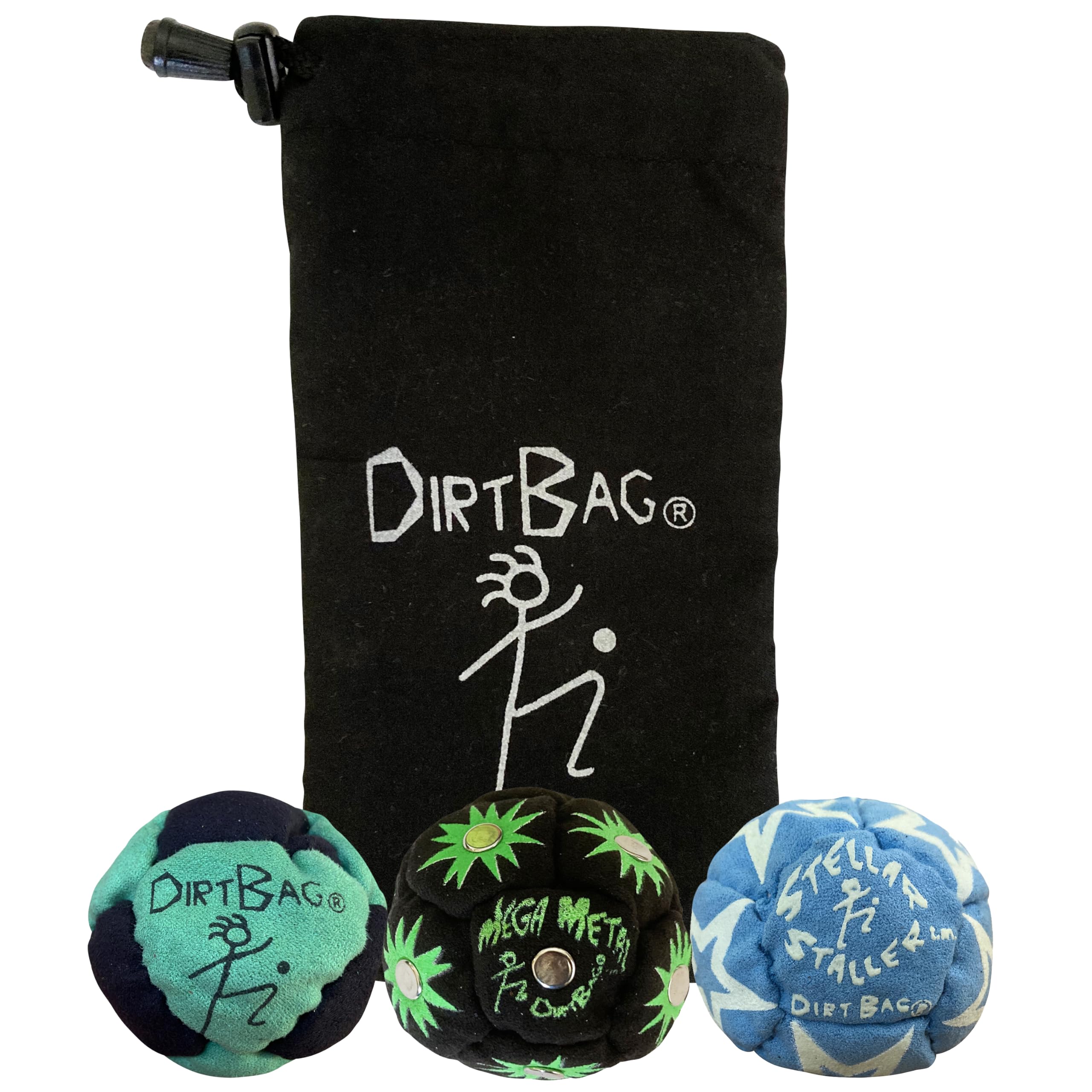 DIRTBAG All Star Footbag 3-Pack with Pouch in green and black for on-the-go practice