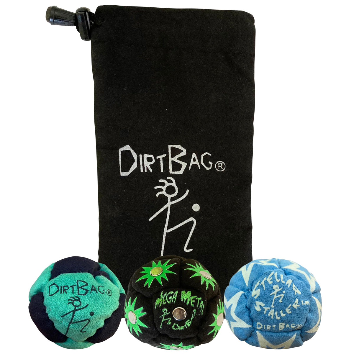 DIRTBAG All Star Footbag 3-Pack with Pouch in green and black for on-the-go practice