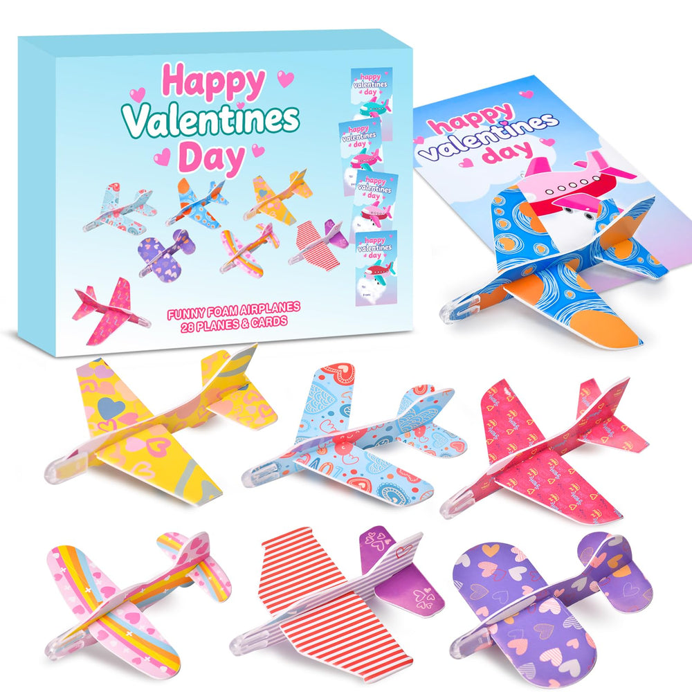 DIRMXRY Valentines foam airplanes and cards front view for classroom fun.