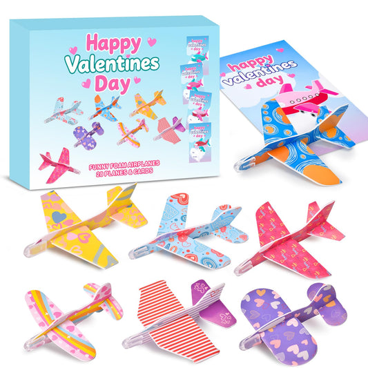 DIRMXRY Valentines foam airplanes and cards front view for classroom fun.