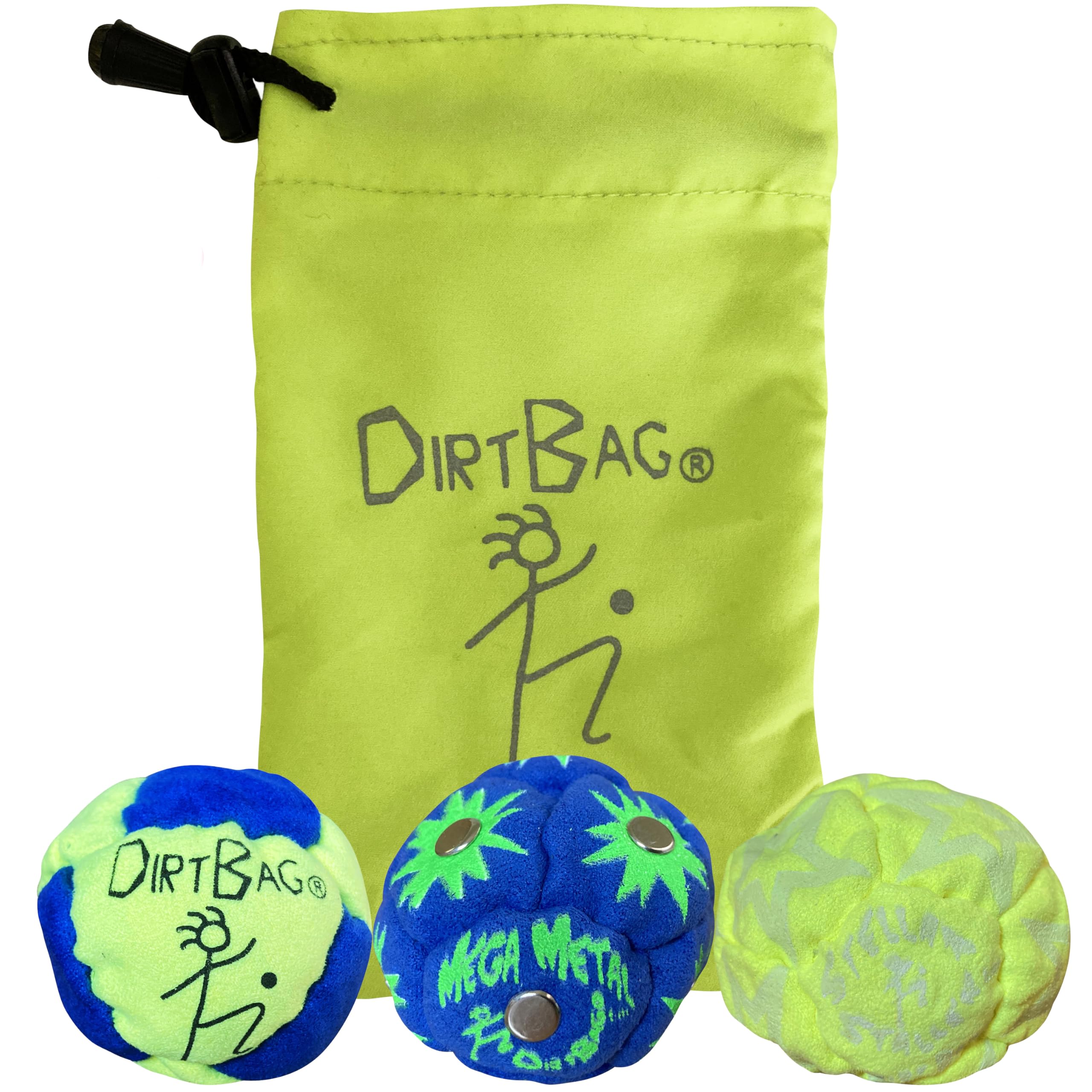 DIRTBAG All Star footbag 3-pack with pouch for portable practice.