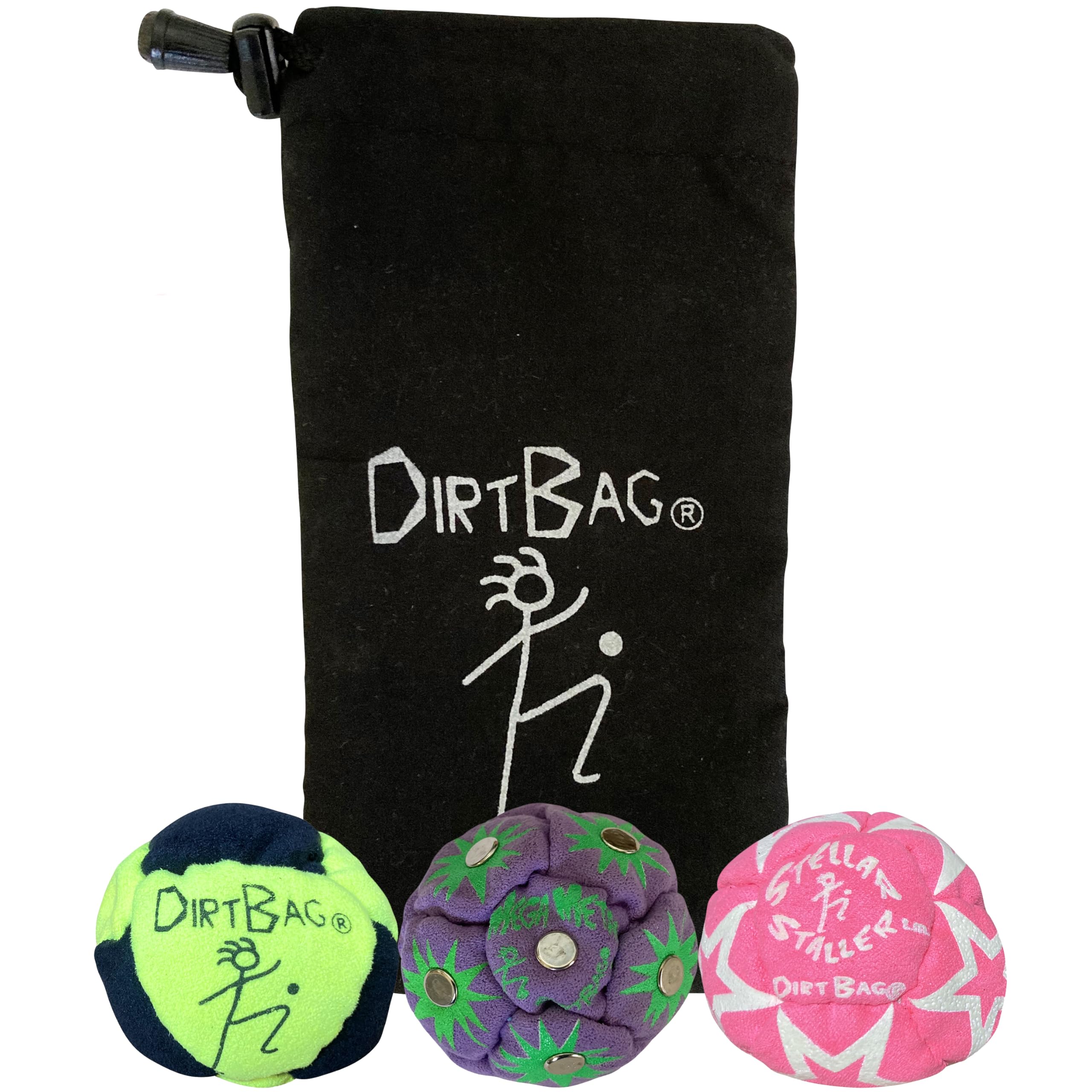 Dirtbag All Star footbag 3-pack with pouch, portable practice kit.