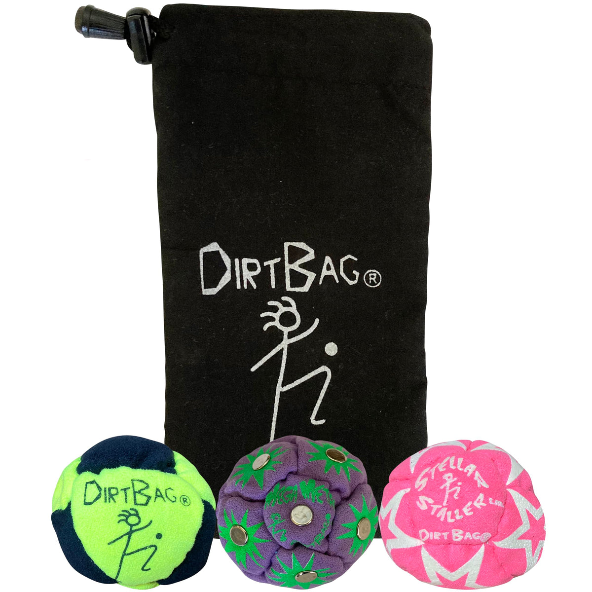Dirtbag All Star footbag 3-pack with pouch, portable practice kit.