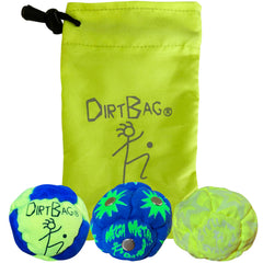DIRTBAG All Star footbag 3-pack with pouch for portable practice.