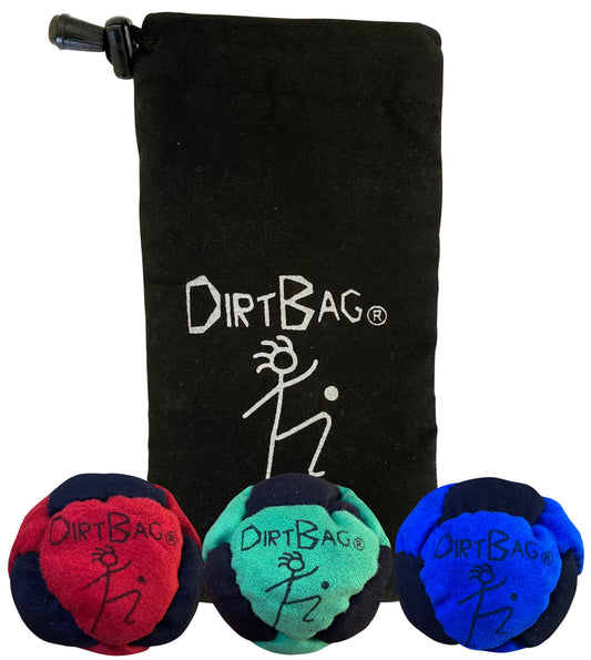 DIRTBAG Classic footbag three-pack in red, green and blue with pouch for easy transport.