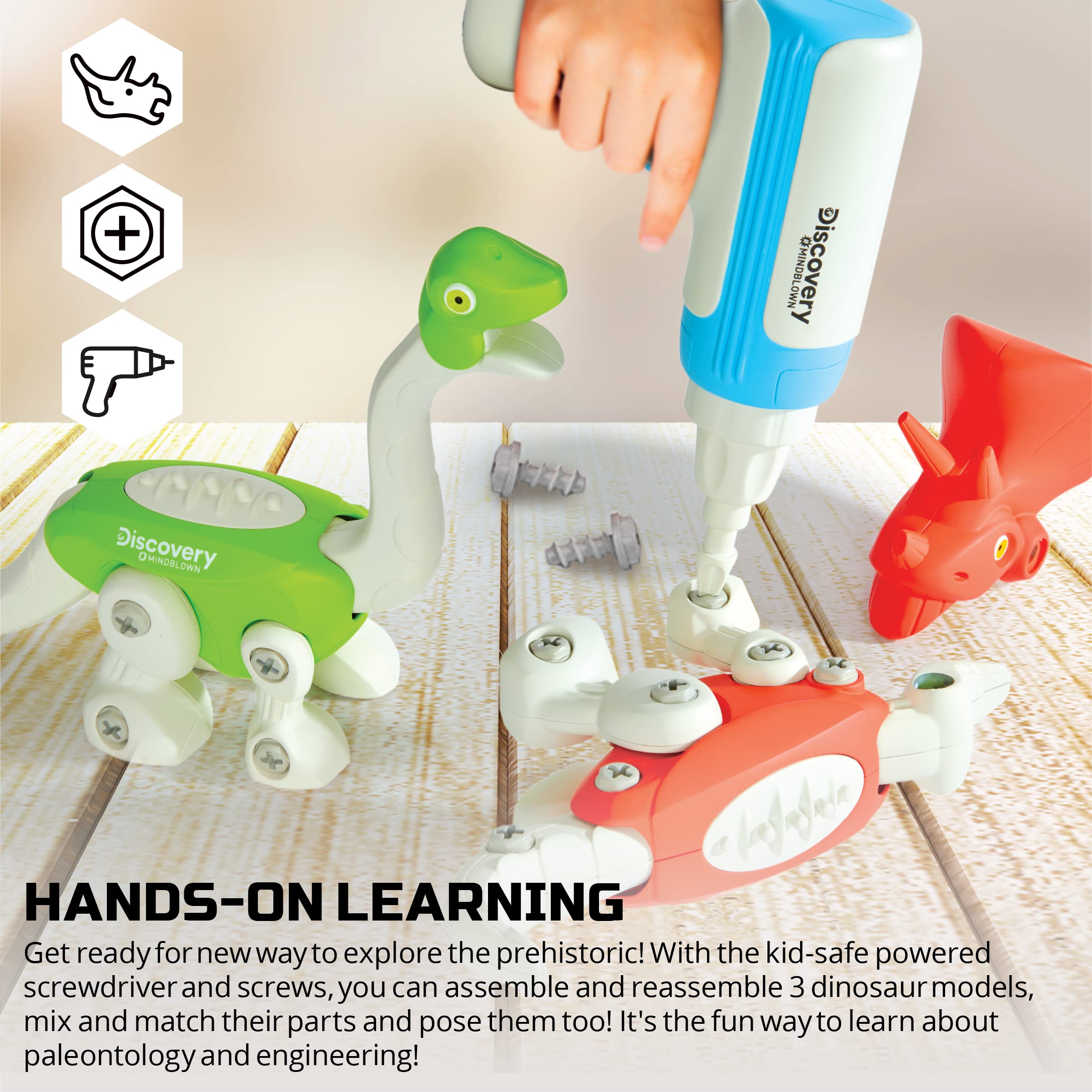 Discovery Dinosaur screws and bits shown for safe kid friendly assembly.