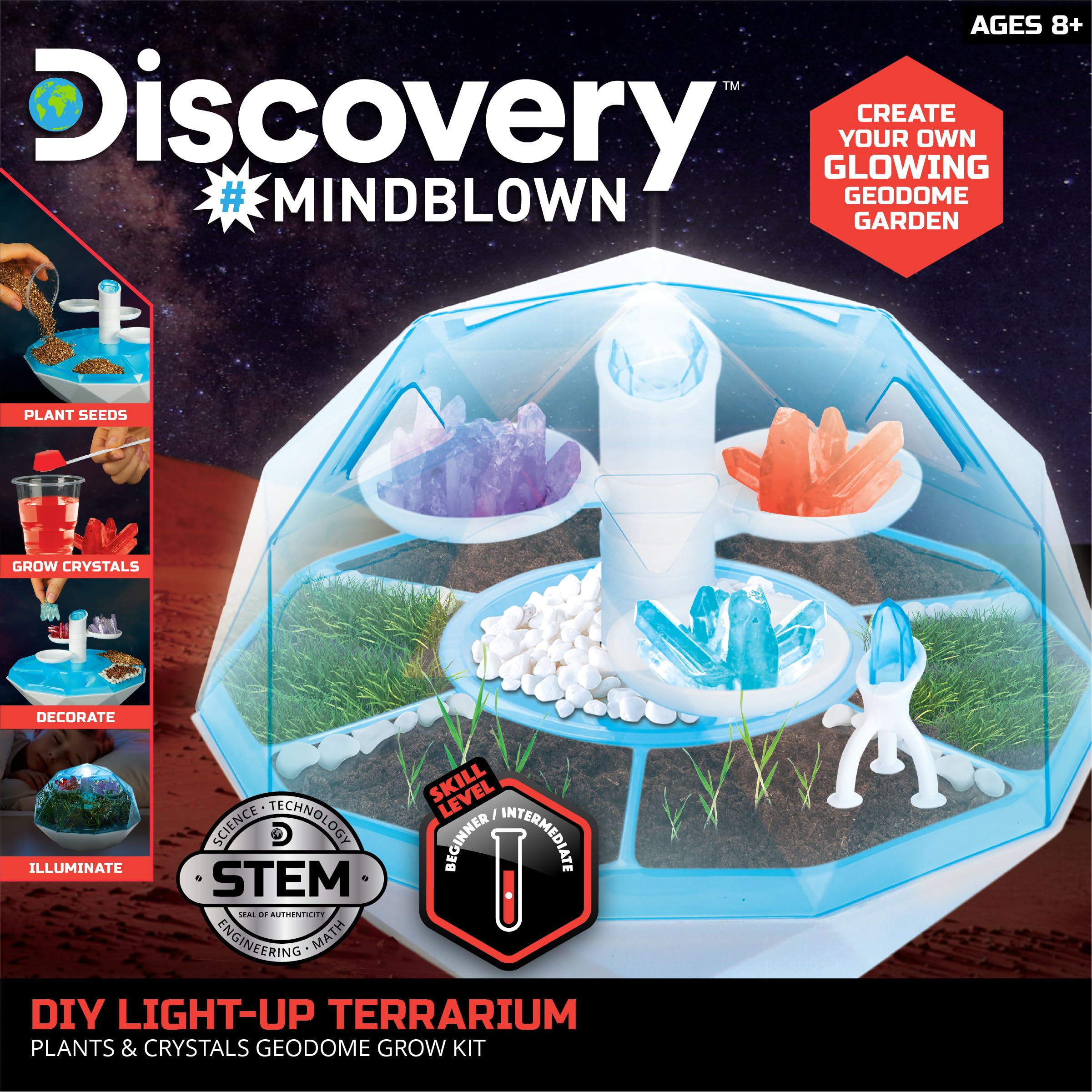 Discovery DIY Geodome crystal formations displayed on pedestals for easy viewing.