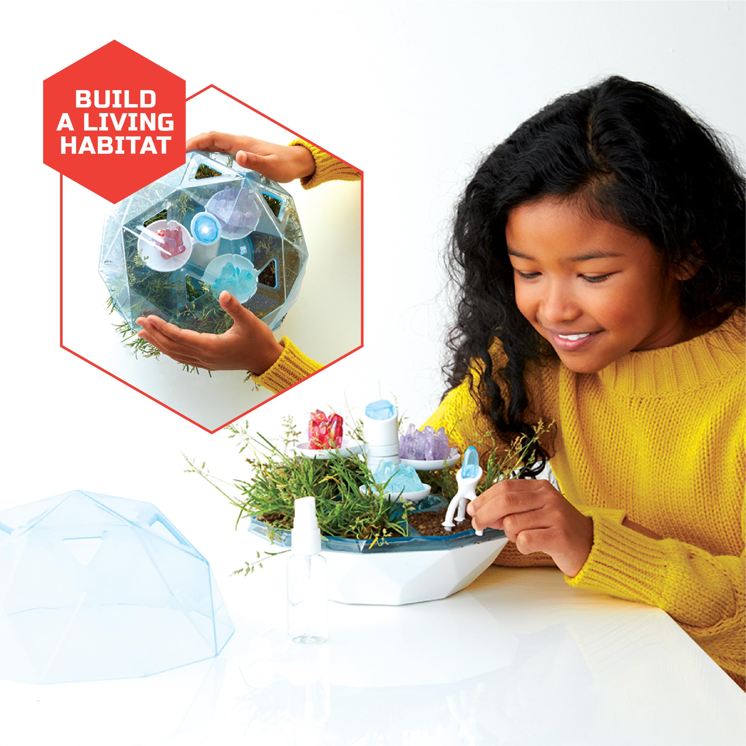 Discovery DIY Pivoting terrarium pedestals display crystals from multiple angles.