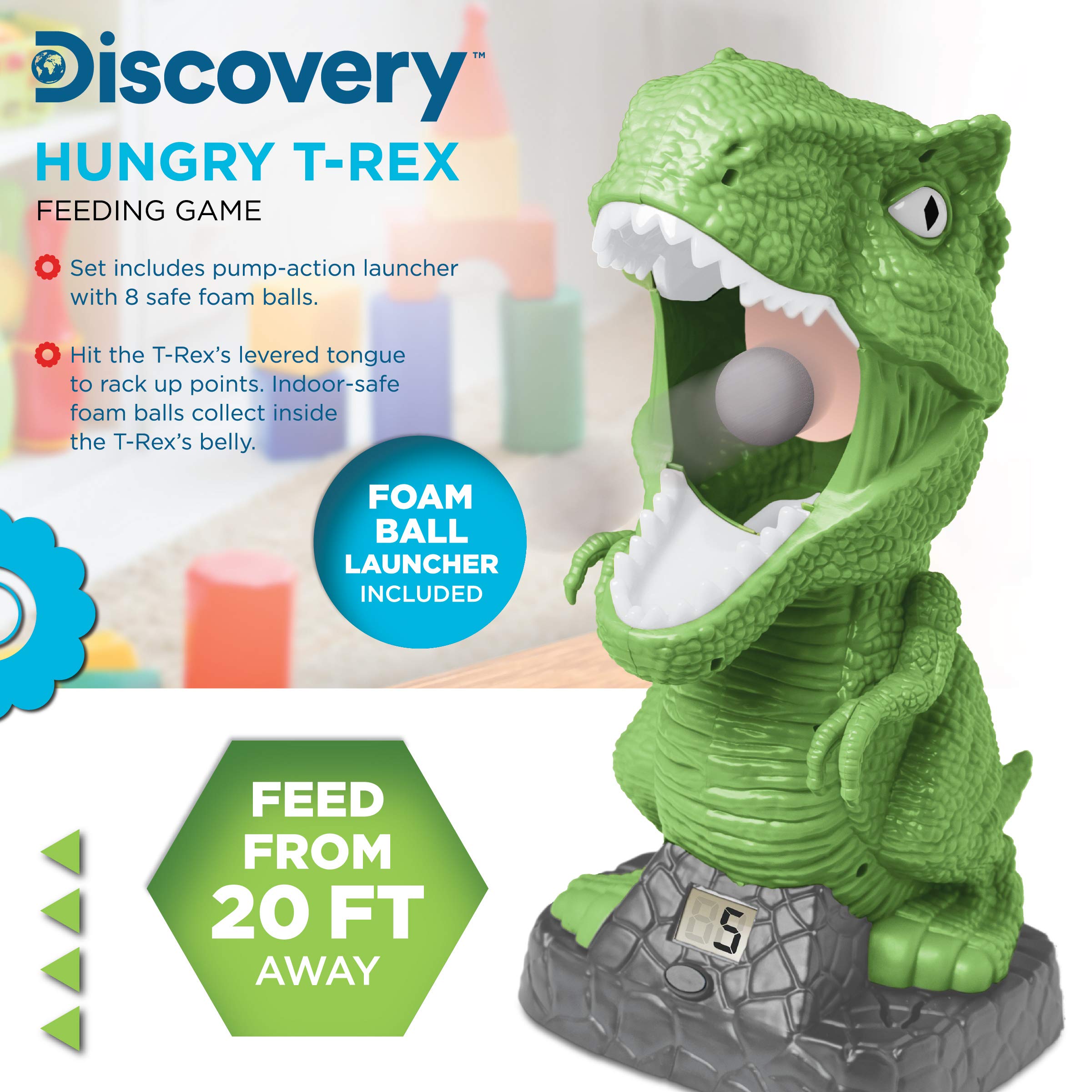 Discovery Hungry T-Rex Feeding Game with foam balls launcher supports dynamic indoor play.