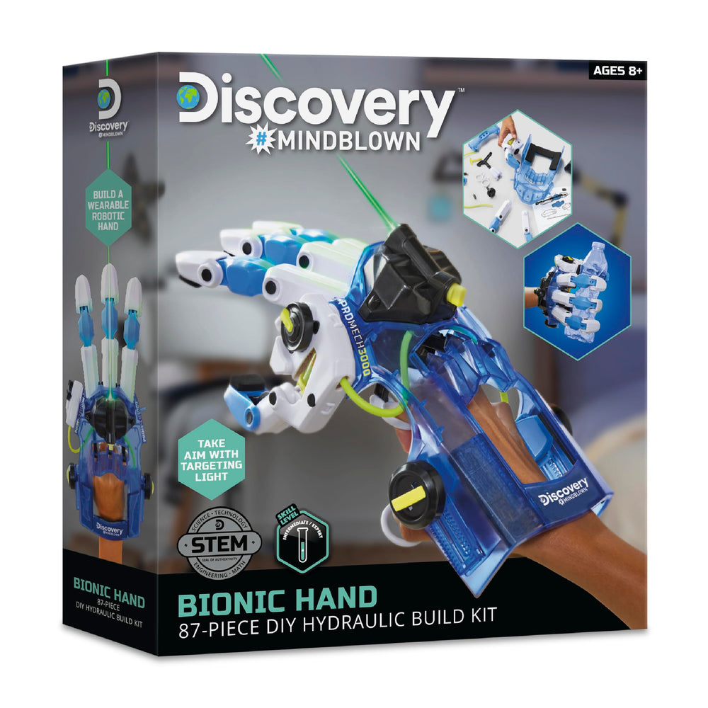 Discovery Kids bionic hand user practicing construction and testing