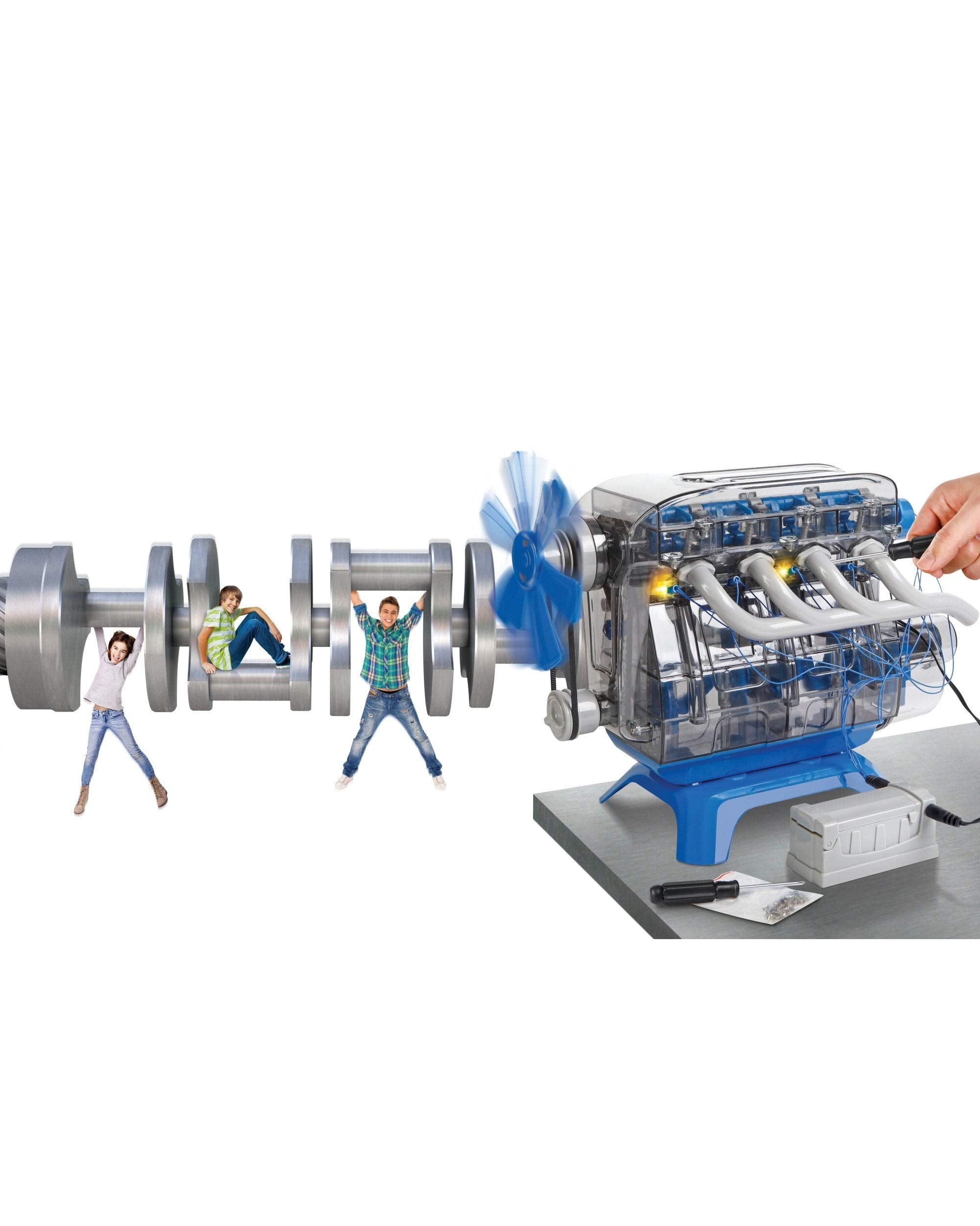 Discovery Kids MindBlown engine kit battery-powered setup demonstrates four-cycle operation in a safe plastic build