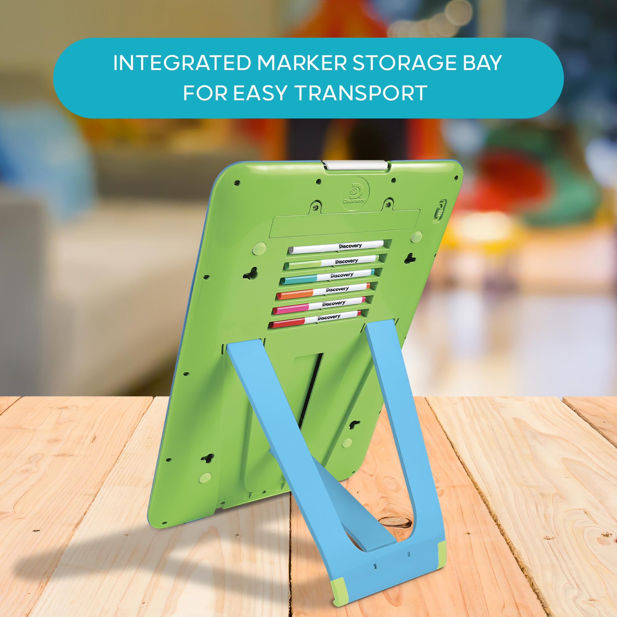 Discovery Neon Glow Drawing Easel includes marker storage bay for organization