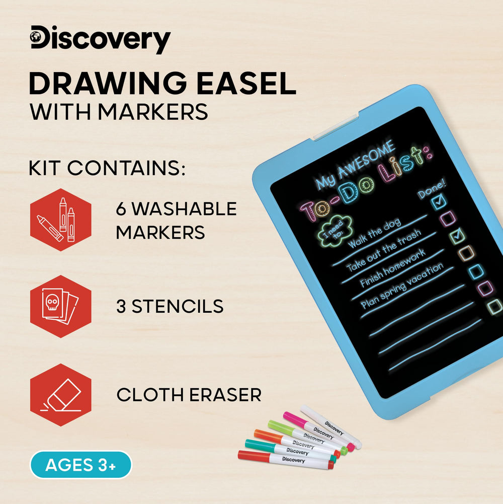 Discovery Neon Glow Drawing Easel markers; washable and vivid under LED