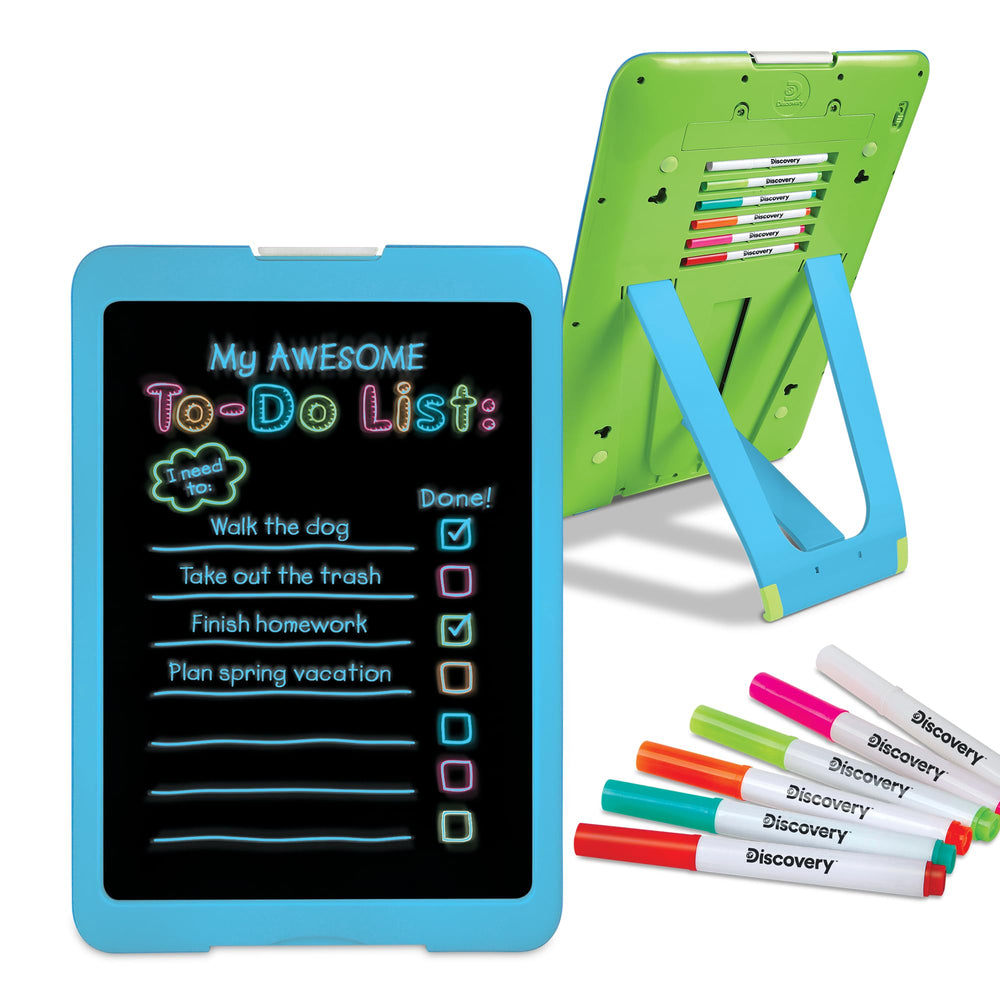 Discovery Neon Glow Drawing Easel on tabletop with vibrant glow for kids' art