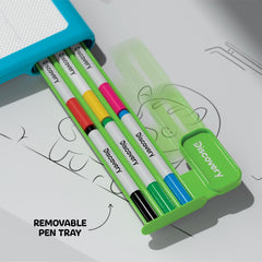 Discovery integrated storage tray keeping markers organized for on-the-go creativity.