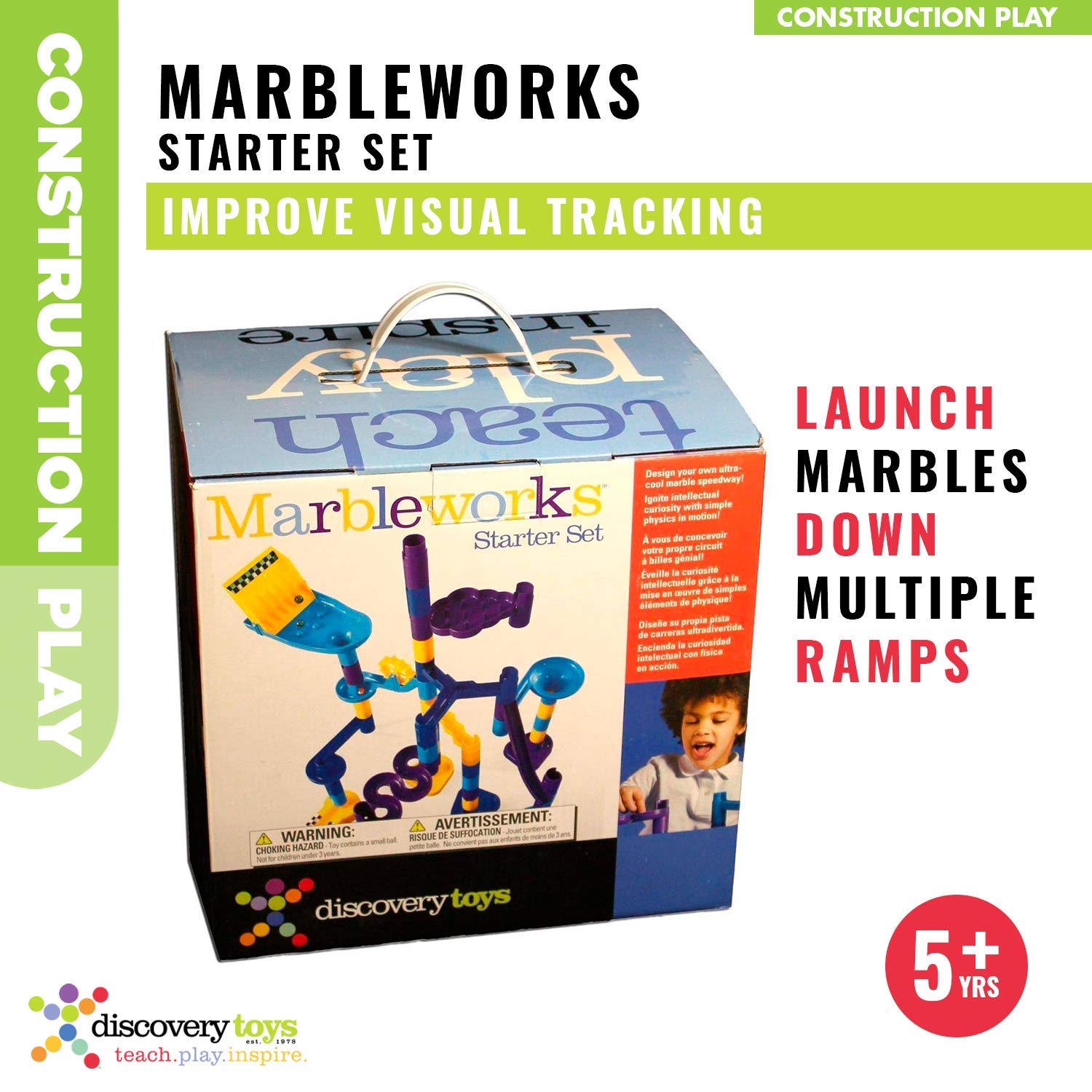 Discovery Toys Marbleworks paddle-wheel action highlights rotating paths and cause-and-effect.