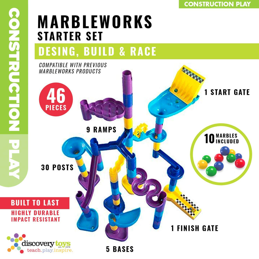 Discovery Toys Marbleworks track layout demonstrates adjustable paths for problem solving.