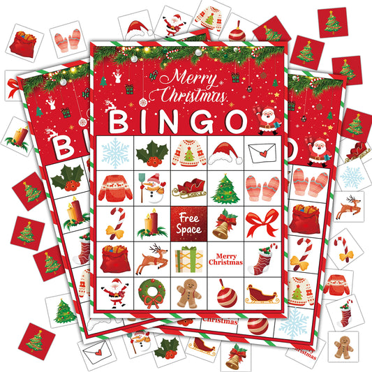 Disfuco Christmas bingo card set for 24 players, crisp colors for game night.