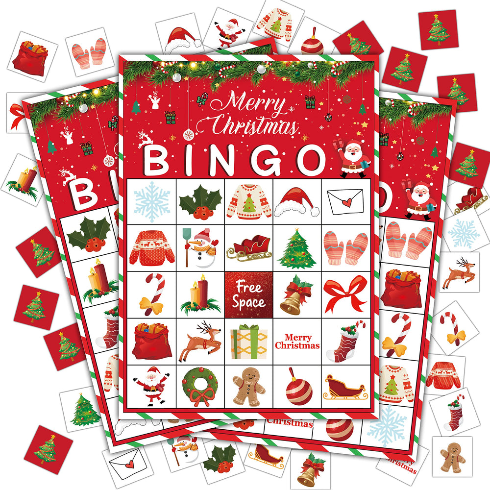 Disfuco Christmas bingo card set for 24 players, crisp colors for game night.