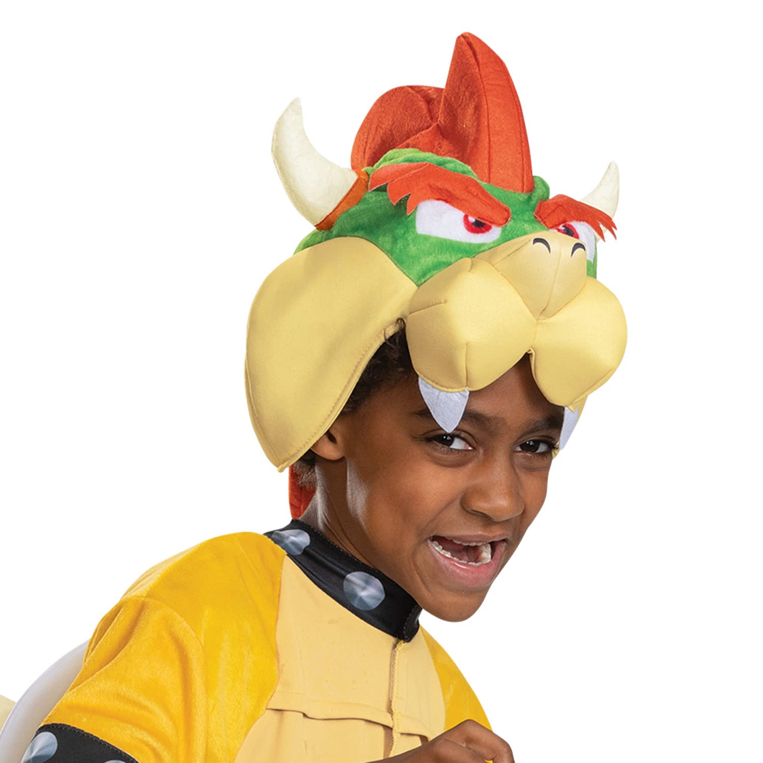 Disguise Bowser costume hood detail with horns for a menacing look.