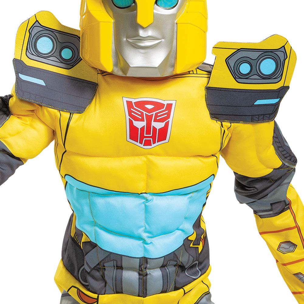 Disguise Bumblebee Muscle Costume graphics stay vibrant with an all-over Bumblebee print.