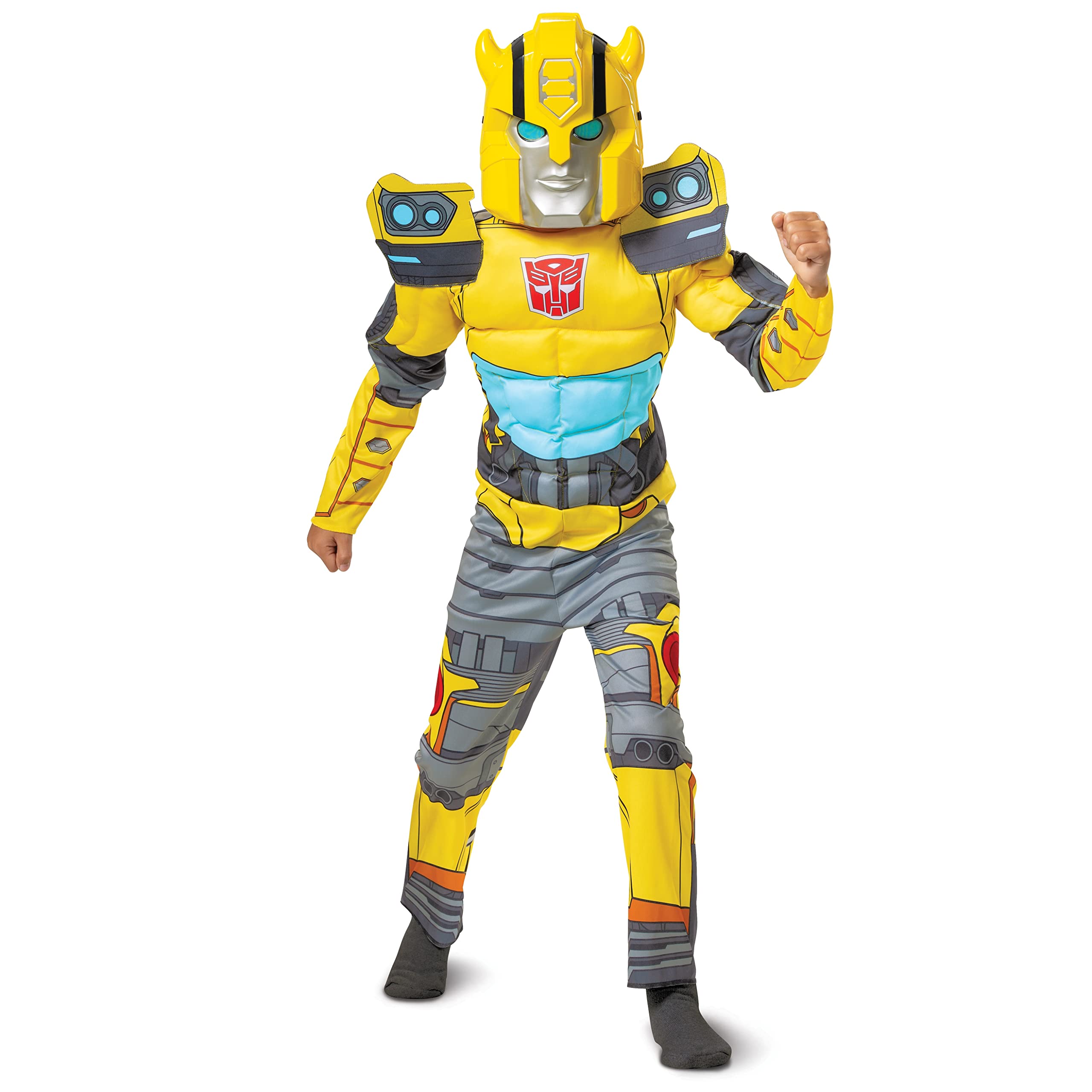 Disguise Bumblebee Muscle Costume mask features mesh eyes for secure, safe wear.