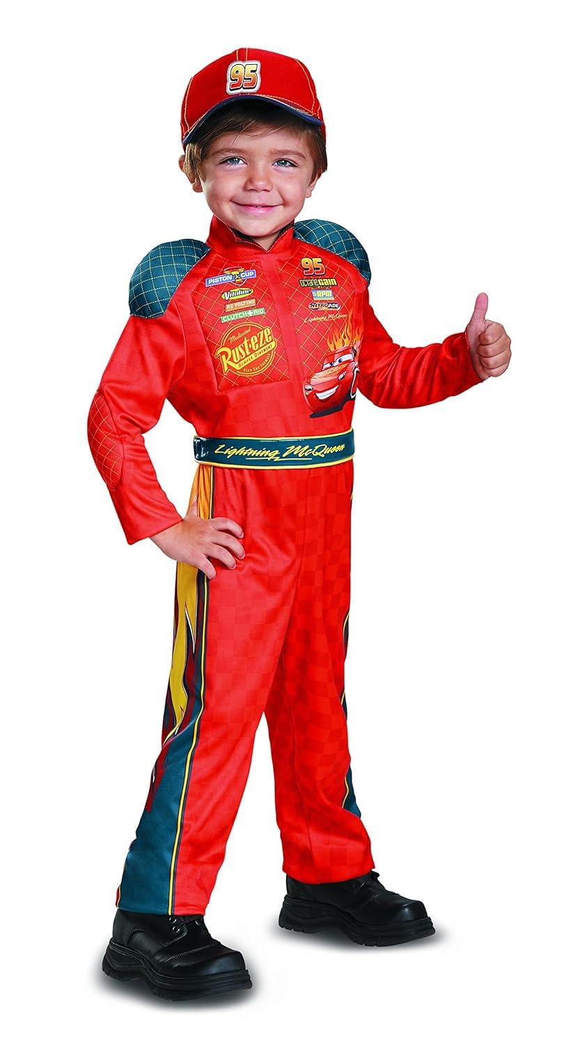 Disguise Cars 3 Lightning McQueen jumpsuit front view for pretend racing.