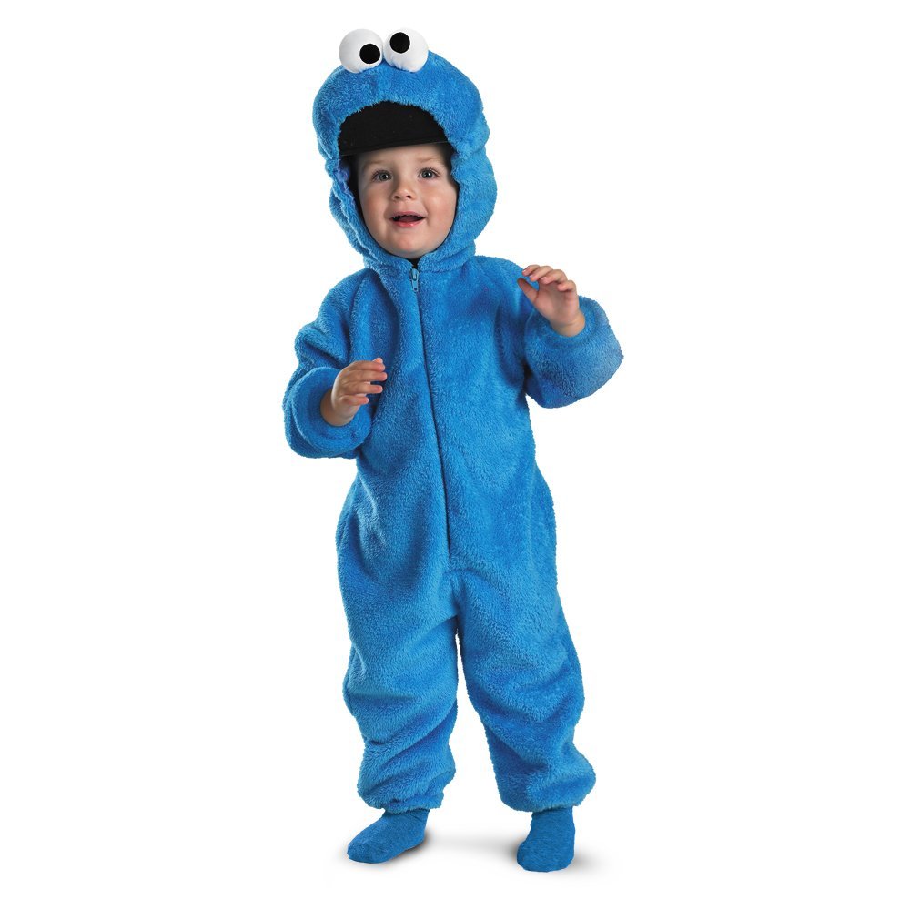 Disguise Cookie Monster Deluxe plush jumpsuit with hood for Halloween and playful dress-up.