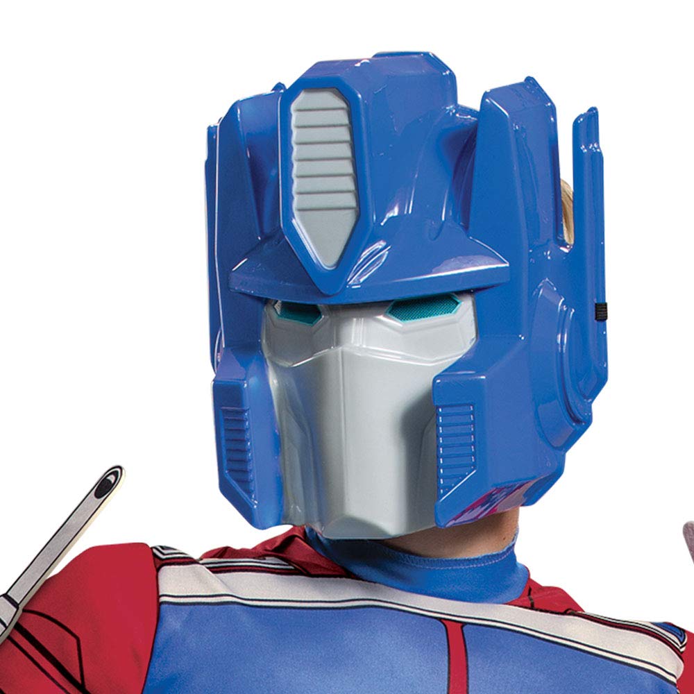Disguise Optimus Prime chest padding detail highlights heroic strength for pretend battles.