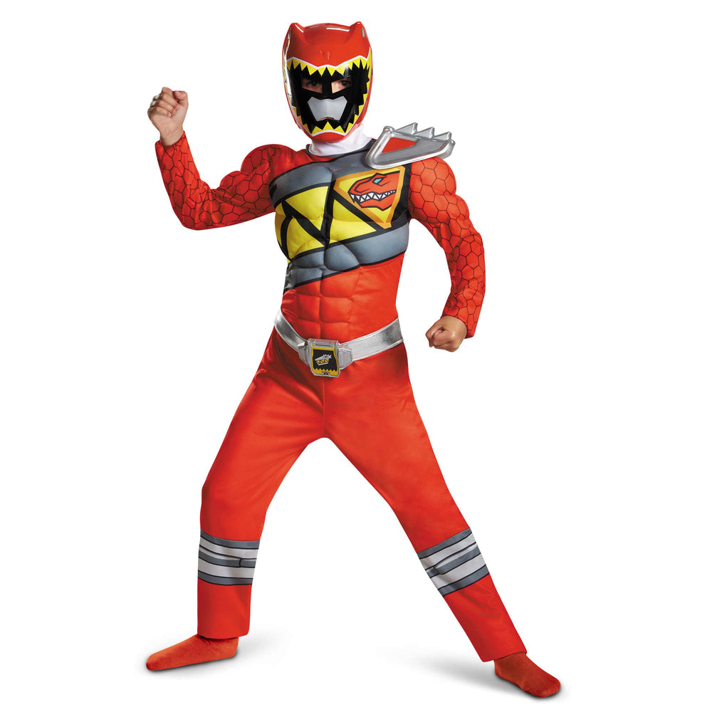 Disguise Red Dino Charge Ranger costume for kids with bold muscle detailing for heroic play