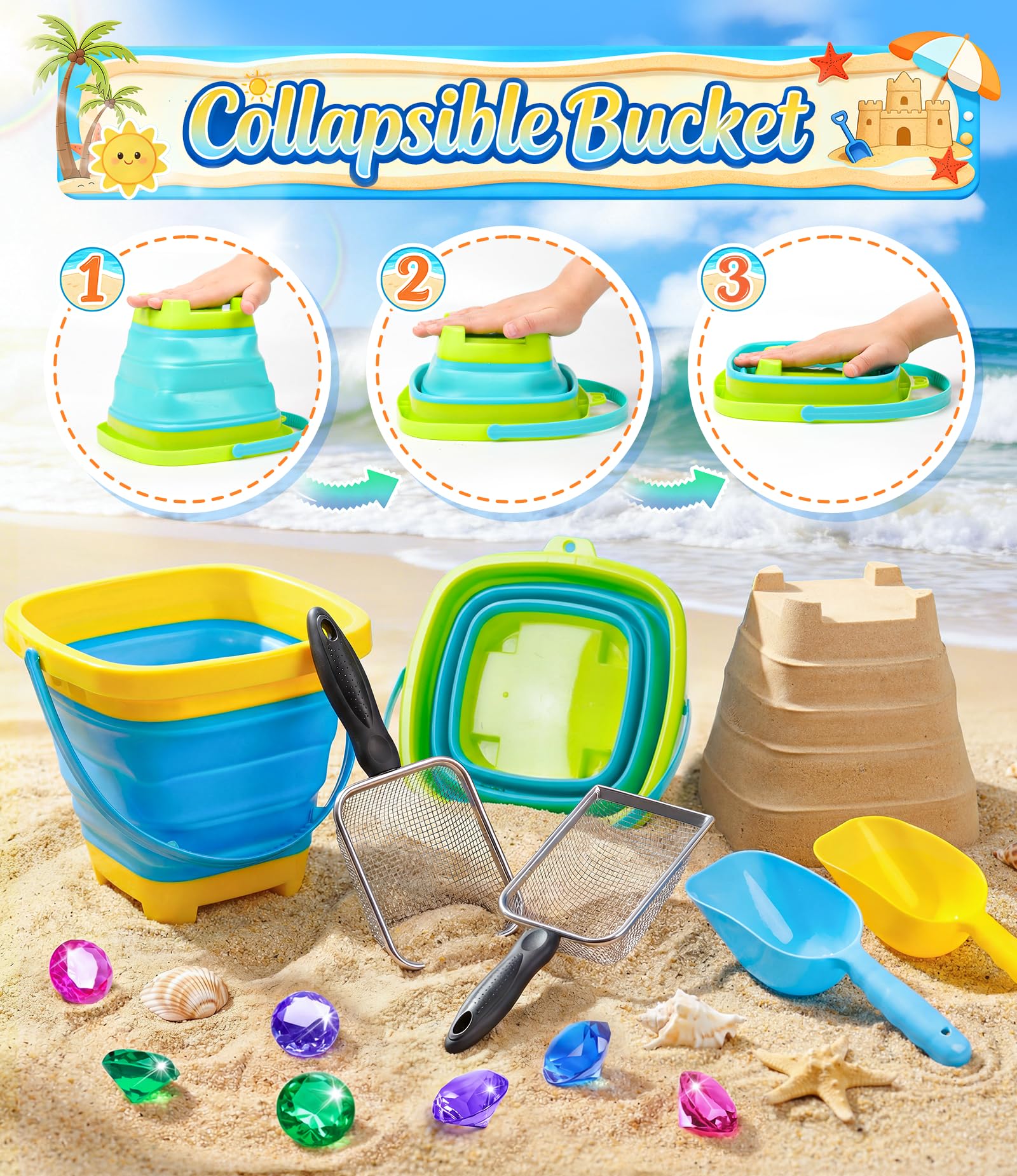DISHIO collapsible beach buckets save space and adapt to multiple play needs.