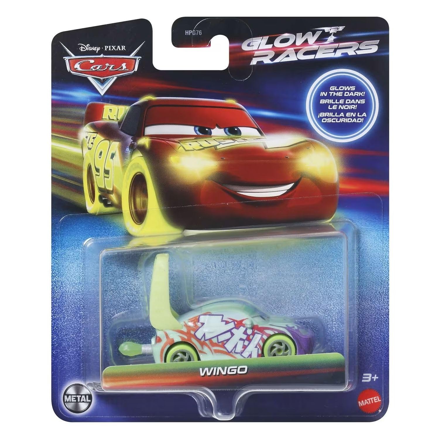 Disney Cars Glow Racers Wingo with flames; glow-in-the-dark 1:55 diecast for kids.