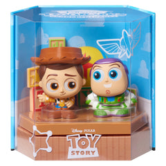 Disney Doorables Buzz Lightyear Woody figures showcased together inspire playful Toy Story shelves.