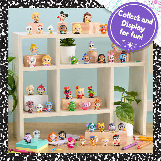 Disney Doorables figures standing 1.5 inches tall with sparkly glitter eyes for eye-catching shelves.
