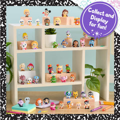 Disney Doorables figures standing 1.5 inches tall with sparkly glitter eyes for eye-catching shelves.