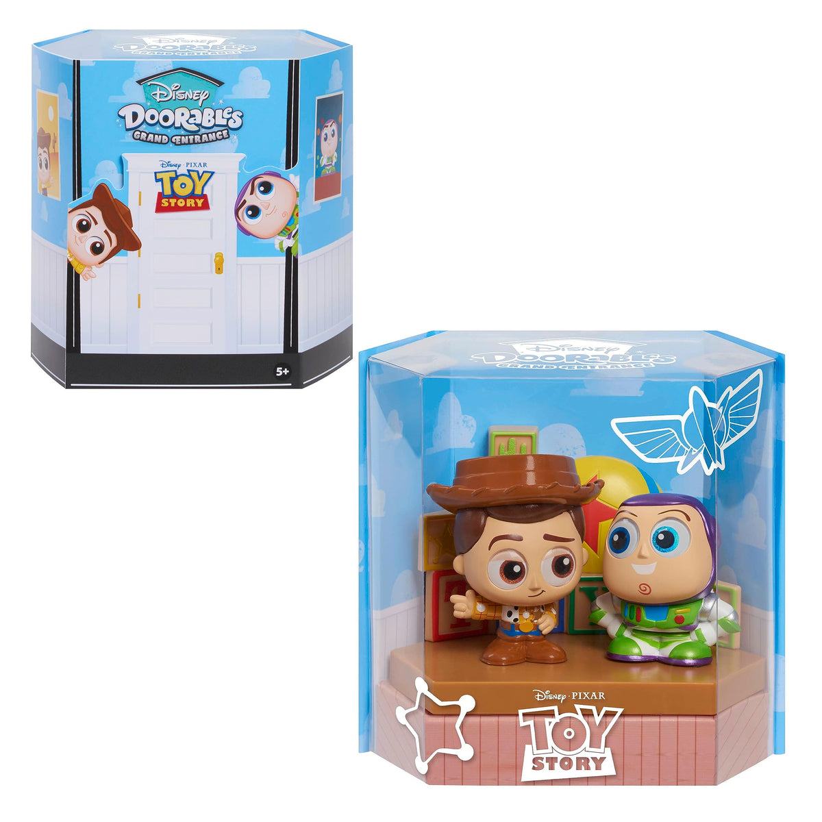 Disney Doorables Grand Entrance Buzz Lightyear Woody packaging highlights deluxe display for shelf-worthy arrangement.