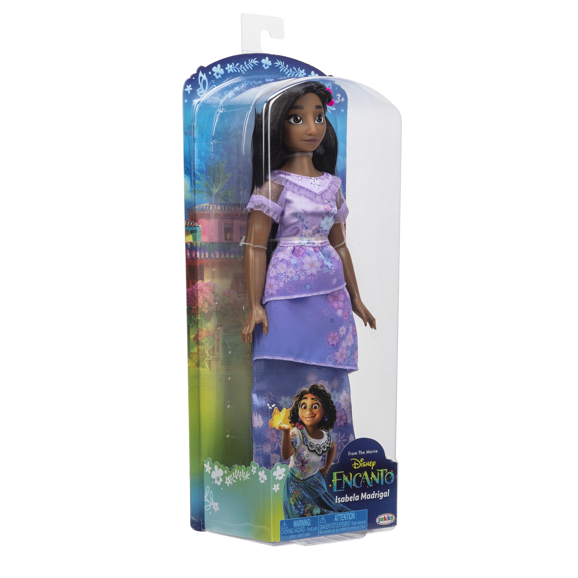 Disney Encanto Isabela doll with lavender floral skirt detail for floral charm.