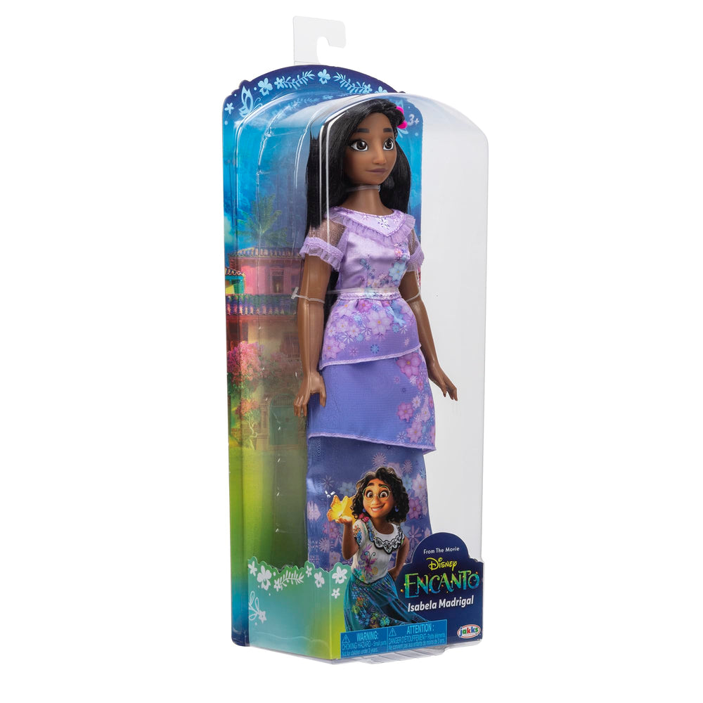 Disney Encanto Isabela doll with lavender floral skirt detail for floral charm.