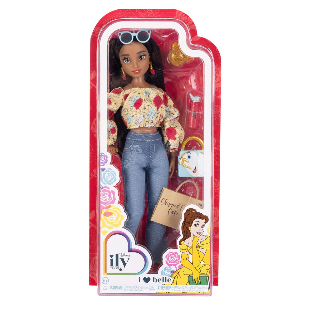 Disney ILY 4EVER Belle doll includes Chip-inspired purse for pretend shopping.