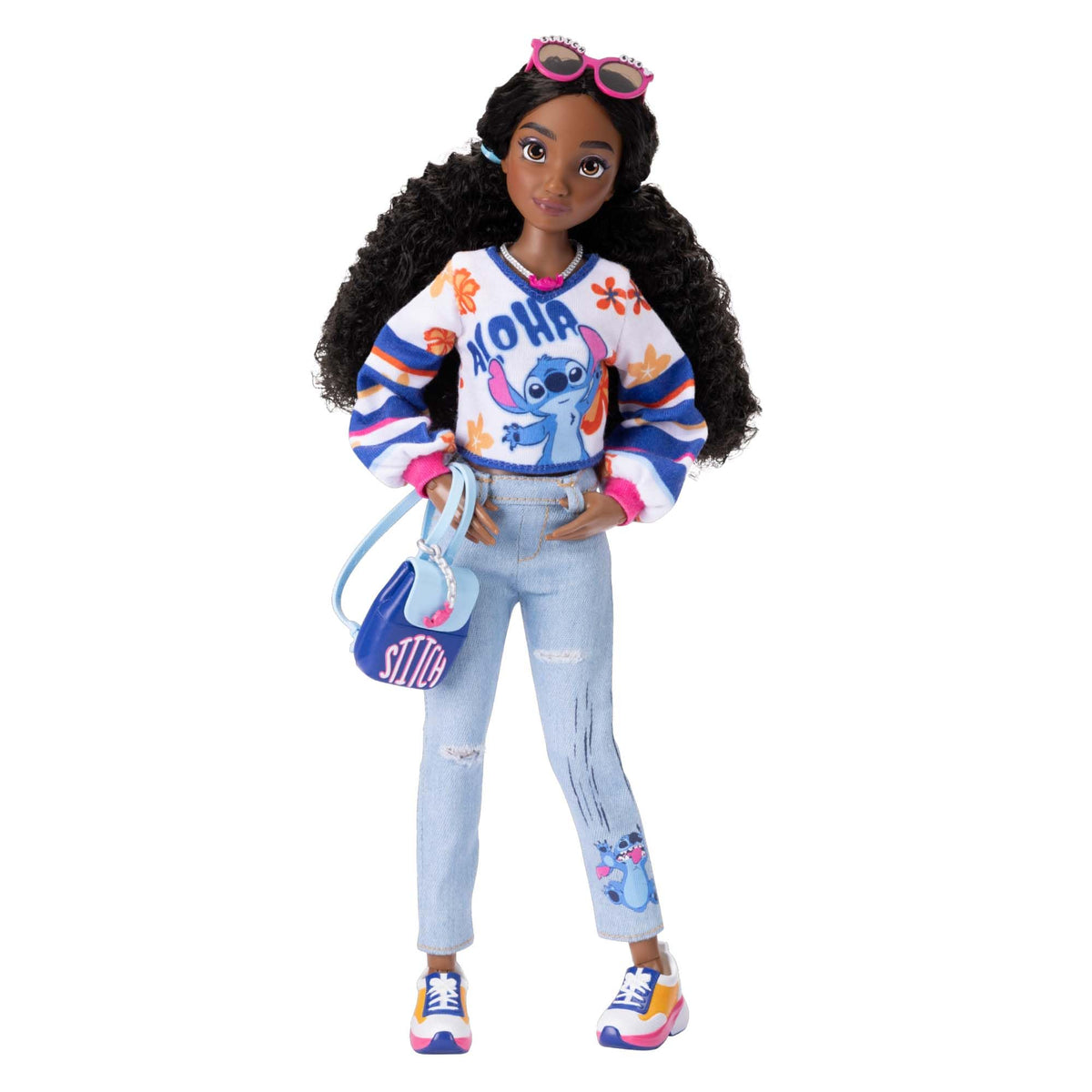Disney ily 4EVER Stitch doll wearing blue denim jacket and pink denim skirt for stylish play
