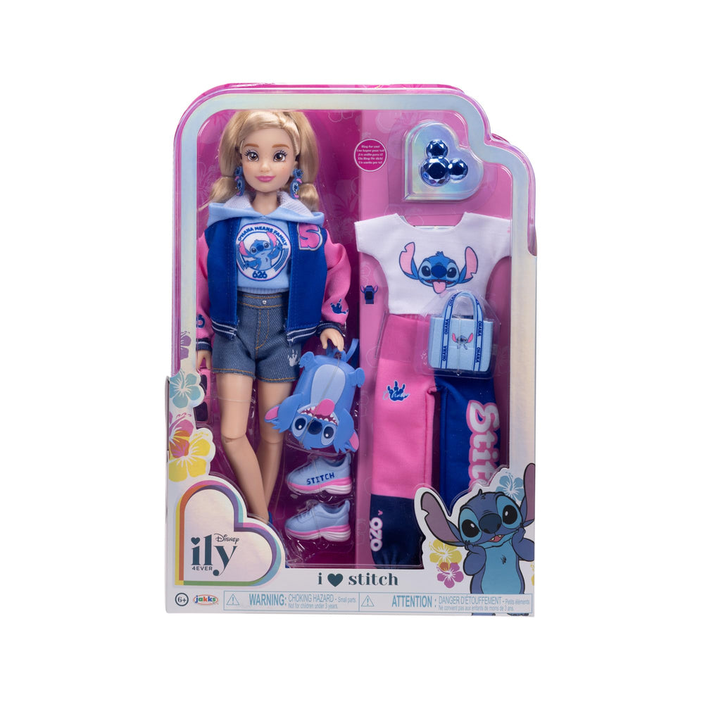 Disney ILY 4Ever Stitch doll earrings and accessories highlight finishing touches.