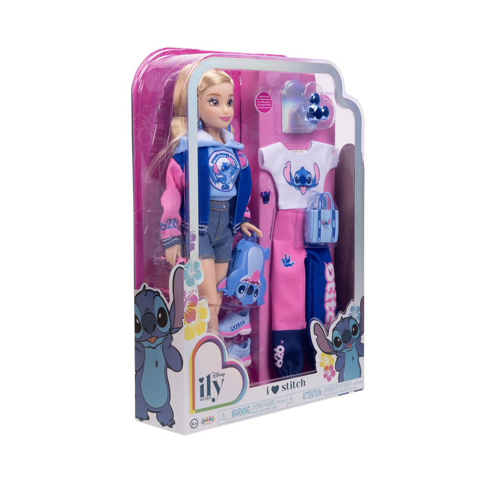 Disney ILY 4Ever Stitch doll pink sunglasses and blue tote for playful accessories.