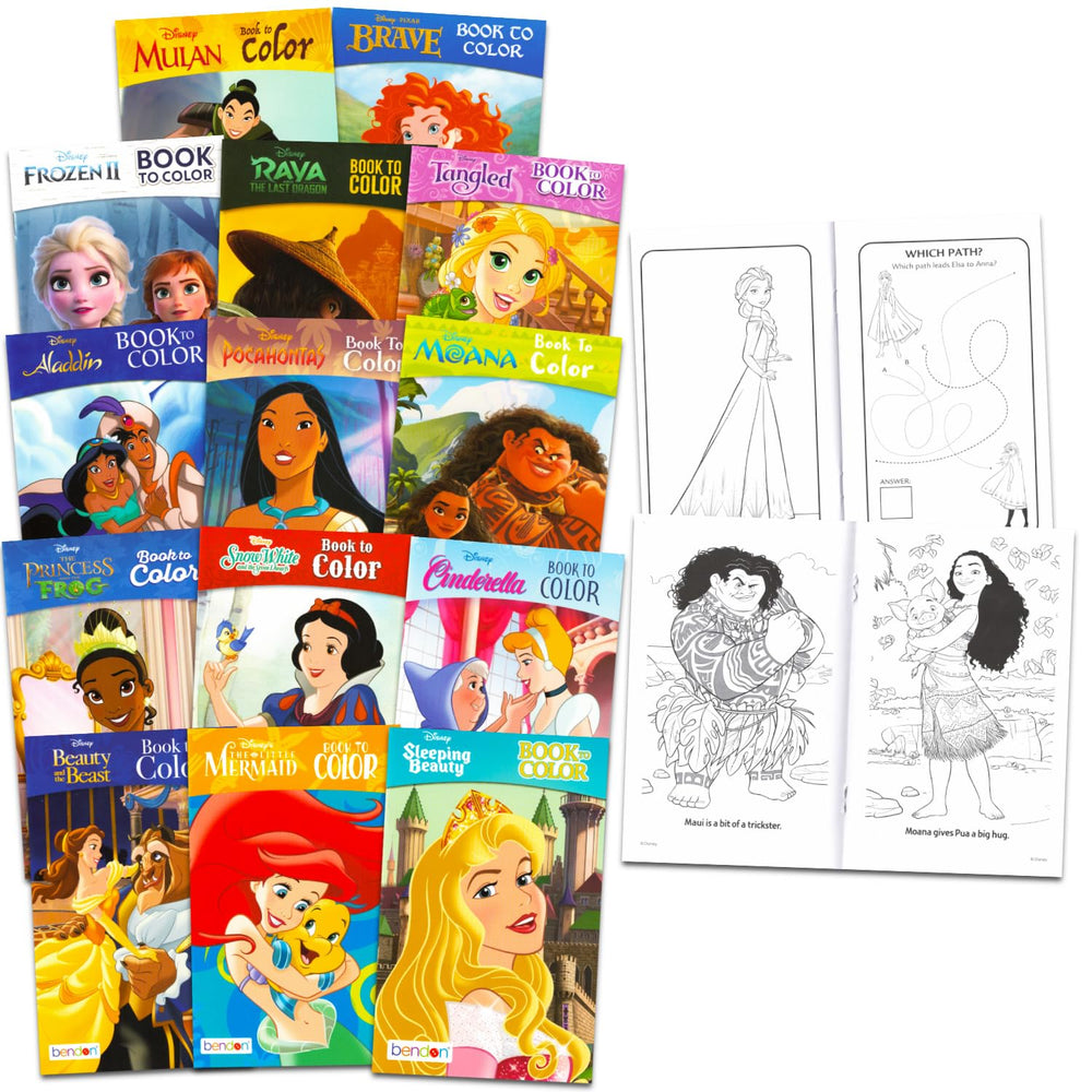 Disney Princess 14-pack coloring books display a colorful classroom prize collection for kids.