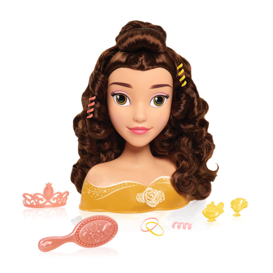 Disney Princess Belle styling head with brown hair for imaginative pretend play and hair-styling practice