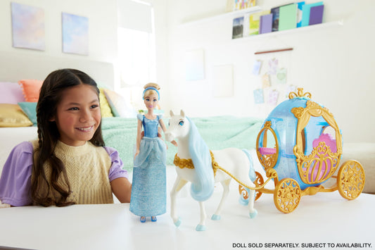 Disney Princess carriage wheels roll smoothly for dynamic pretend ball scenes.