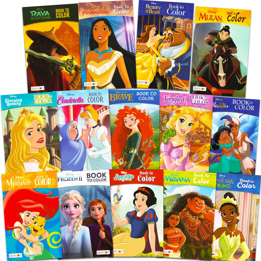 Disney Princess mini coloring books, 24 pages each, ideal for on-the-go activities.