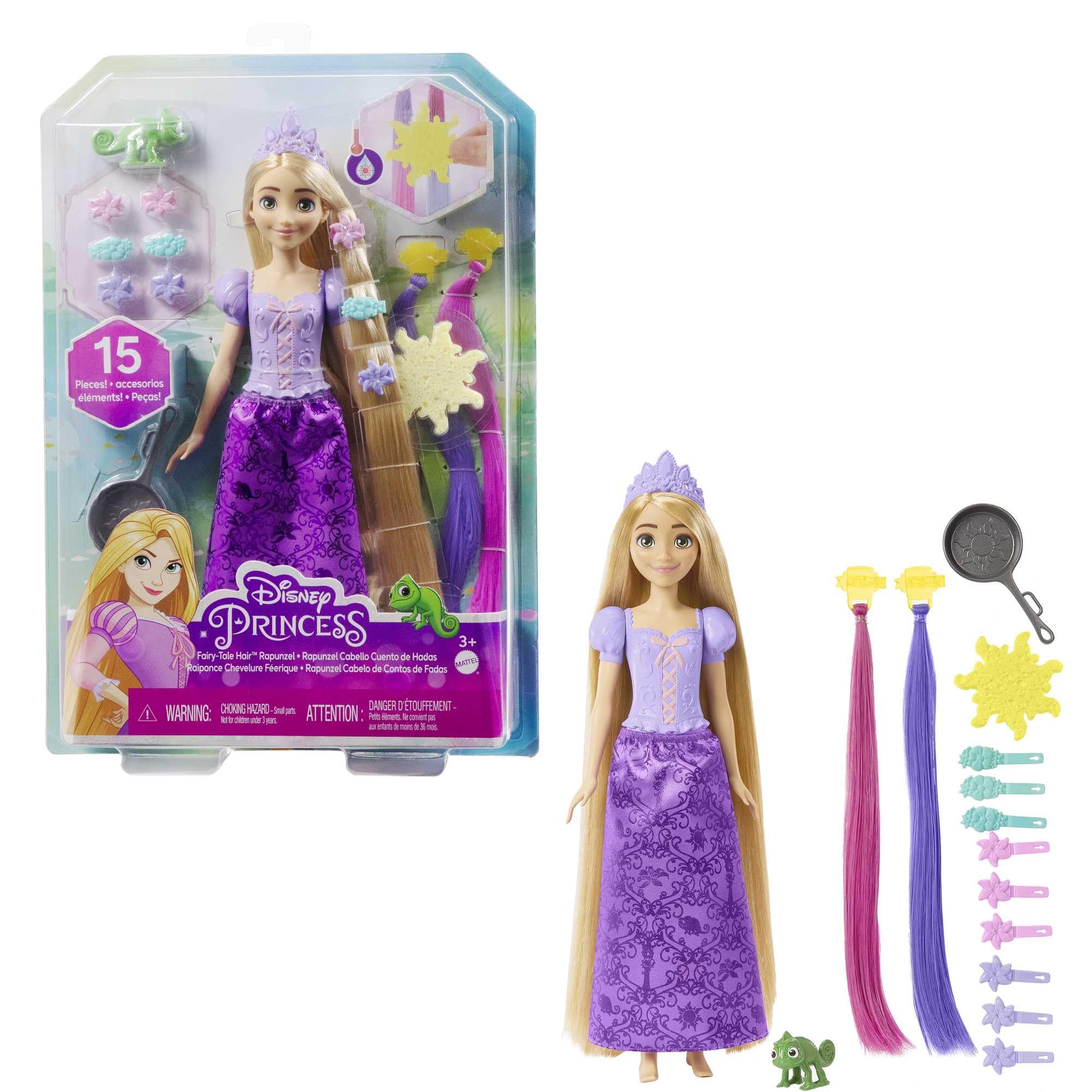 Disney Princess Rapunzel doll with color-change extensions for playful hair transformations.