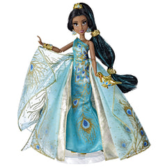 Disney Princess Jasmine doll in peacock-gown detail, ideal for display and imaginative play